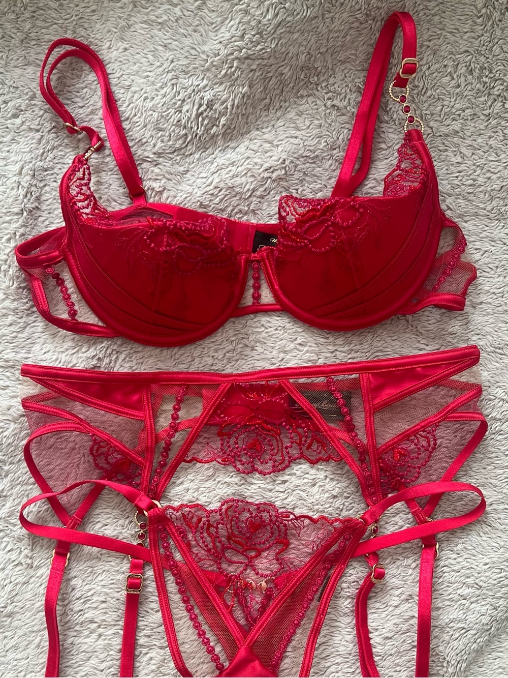 Honey Birdette Kiera Red Bra and Suspender Set